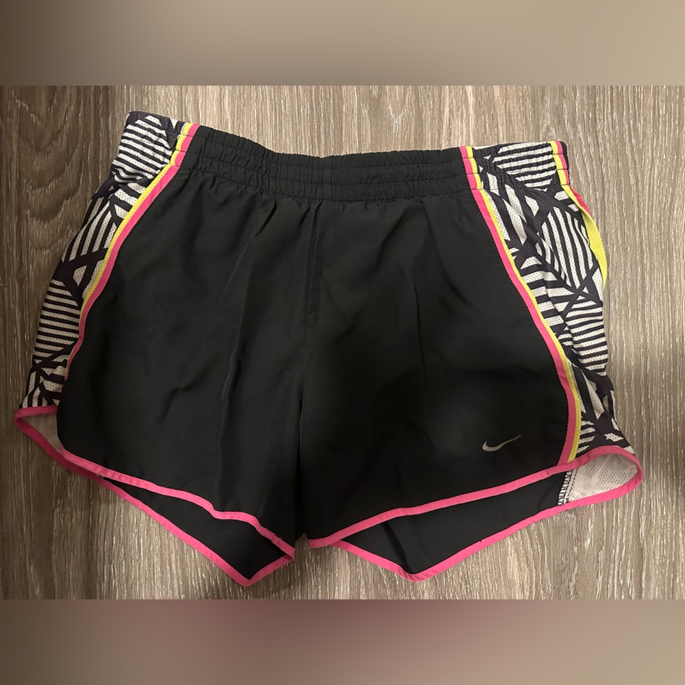 Nike Women's Black Shorts with Pink and Yellow Accents